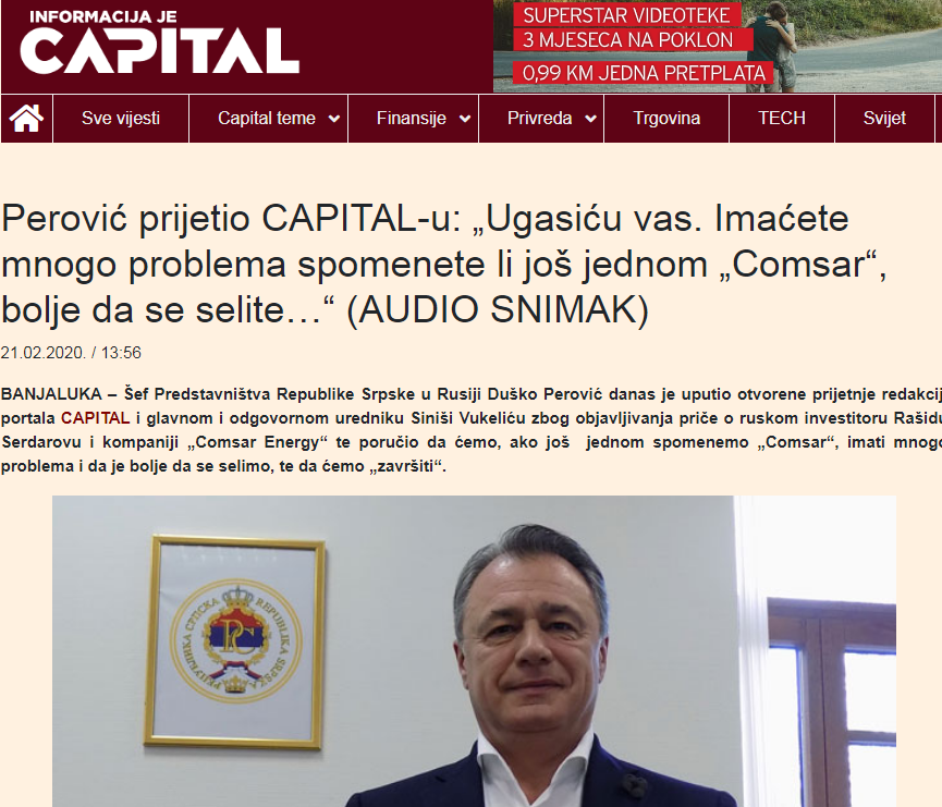 BH Journalists strongly condemn Dusko Perovic’s threats to the editorial board of Capital portal